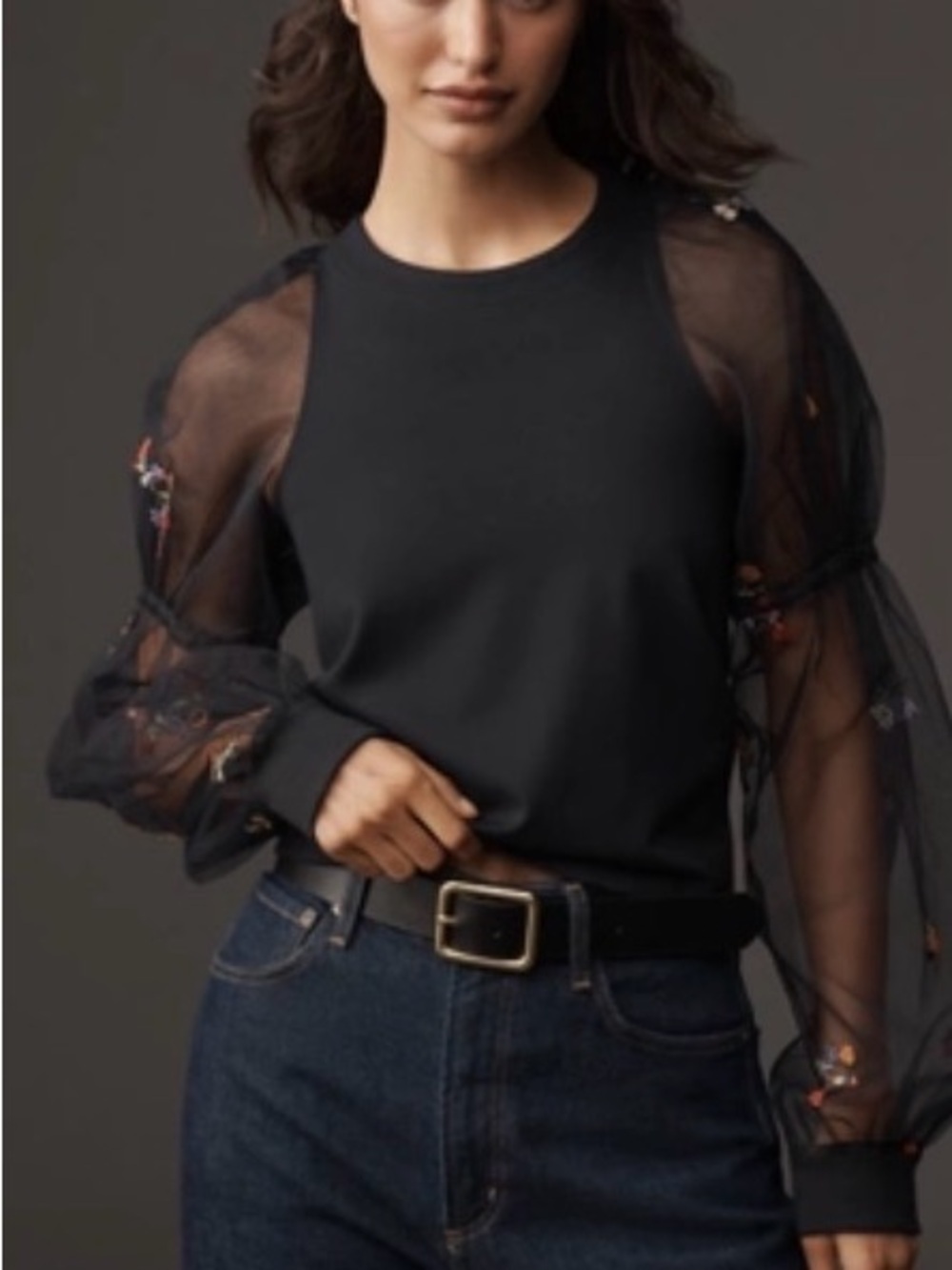 Anthropologie Maeve Embroidered Sheer Sleeve Black Floral Blouse Size XL New